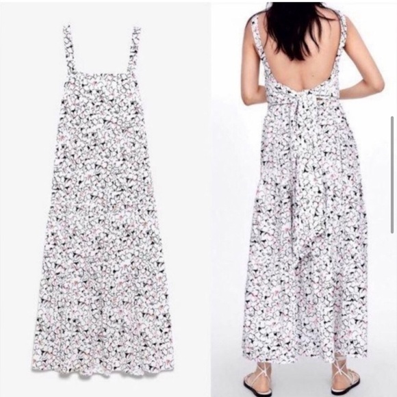 ZARA WHITE & BLACK FLORAL PRINT MAXI DRESS TIE BACK - Picture 6 of 13